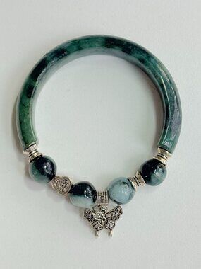 Green Jade Bangle Bracelet w Butterfly Charm | Natural Stone Bracelet